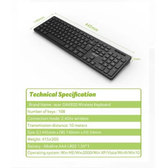 Acer OAK920 Q Usb SİYAH 1.8mt  Kablolu Klavye-Tek Tuş Hesap Makinalı (Sessiz Tuş)