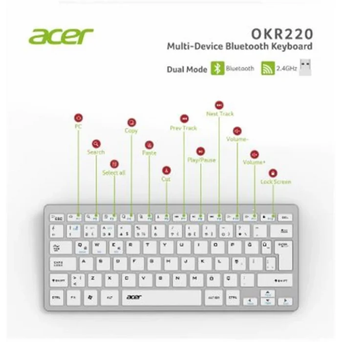 Acer OKR220 Beyaz MultiDevice Dual Mode 2.4GHZ Bluetooth Klavye (Smart Tv)(Android)