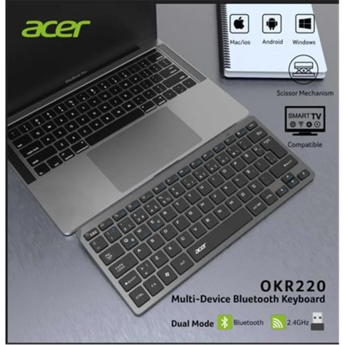 Acer OKR220 Siyah MultiDevice Dual Mode 2.4GHZ Bluetooth Klavye (Smart Tv)(Android)
