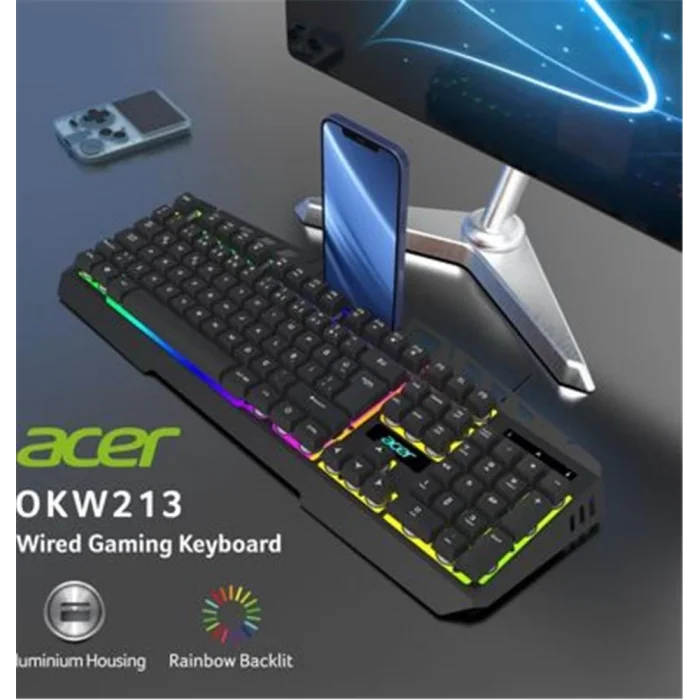 Acer OKW213 Siyah RGB Rainbow Backlit Gaming Keyboard Rainbow (Kablo Uzunluğu 1,5mt)