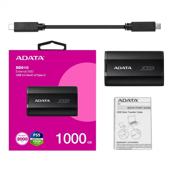 Adata 1000Gb SD810 Siyah Taşınabilir Usb 3.2 Gen2 x2 Type-C Ssd Harici Disk