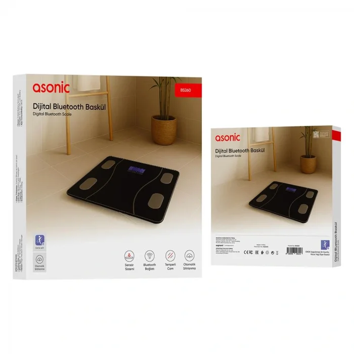 Asonic BS260 Siyah 2-AAA Pil Dijital Bluetooth Baskül (Sensör-Temperli Cam-Otomatik Sıfırlama)