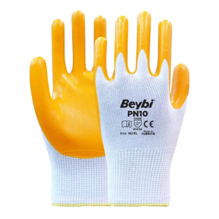 Beybi Nitril PMK PN10 10 Beden 12li Paket Polyester Örme Nitril Eldiven (4141A) Nitril 1-2 Kaplama
