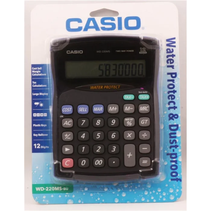 Casio WD-220MS-BU 12 Hane Suya-Toza Dayanıklı Masa Üstü Hesap Makinesi