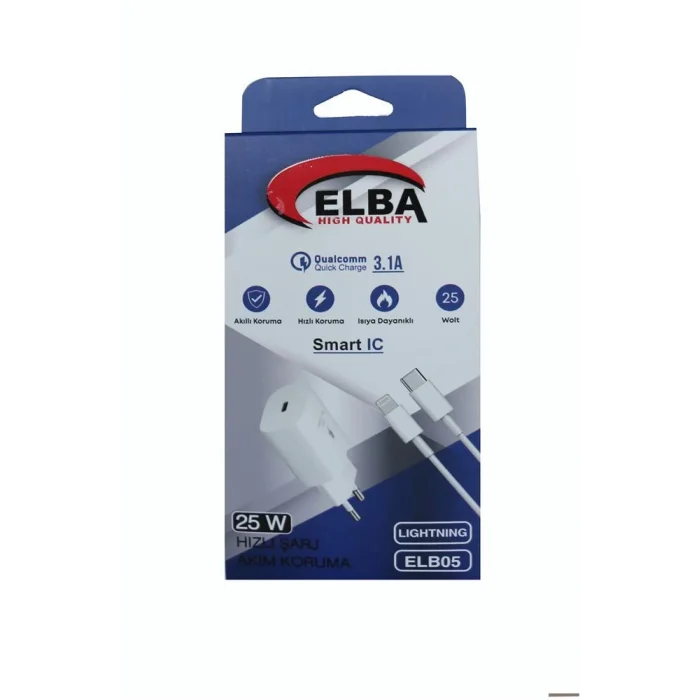 Elba ELB05-PD-25WIOS Beyaz 25W Usb-c Ev Şarj Kafa+1mt Type-c To Lightnıng Kablo PD3.0-QC4.0 Hızlı Ş