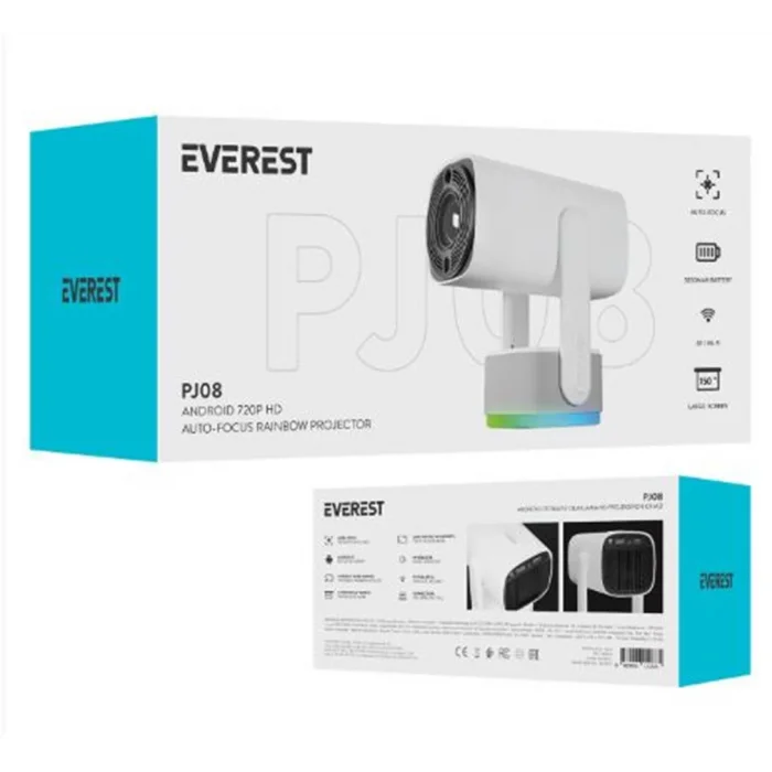 Everest PJ08 Beyaz 5200mAh Otomatik 720P HD 4K Destekli 5200 Lümen Android 11 Ekran HD Proje