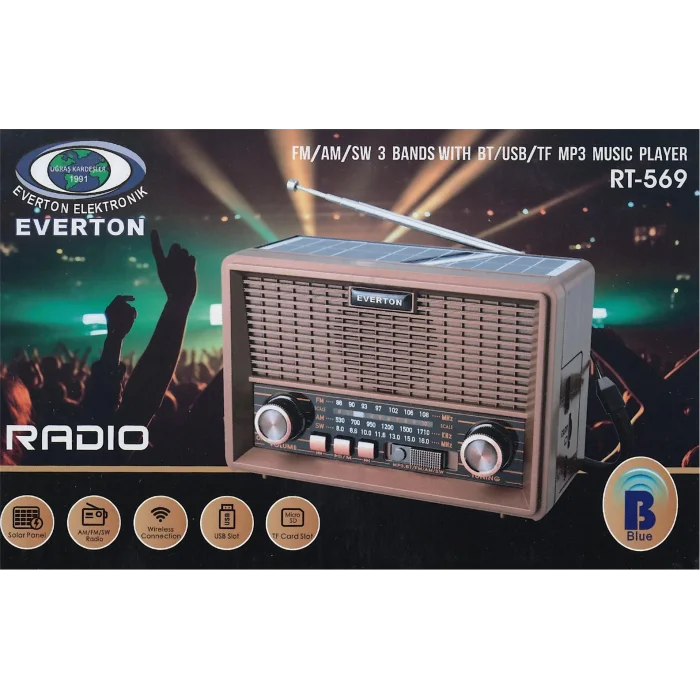 Everton Rt-569 Bluetooth Fm-Usb-Tf-Aux Güneş Enerjili Şarjlı Nostaljik Radyo