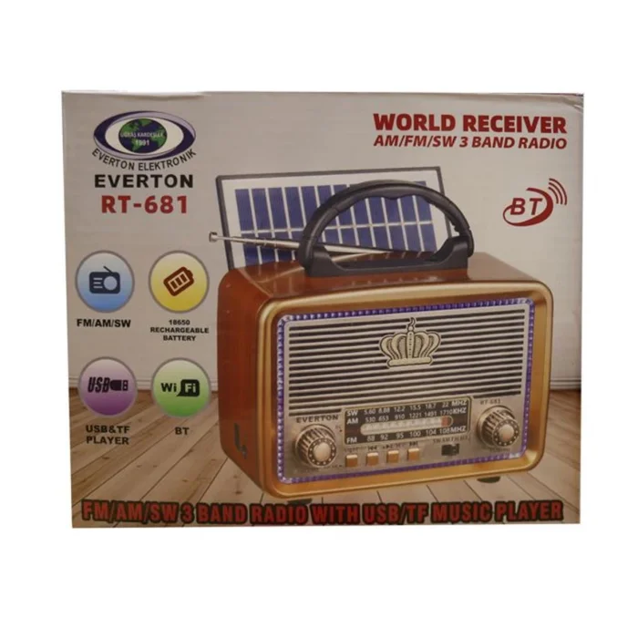 Everton RT-681  Solarlı,Ledli, Şarjlı Nostaljik Radyo (FM-AM-SW-USB-TF)