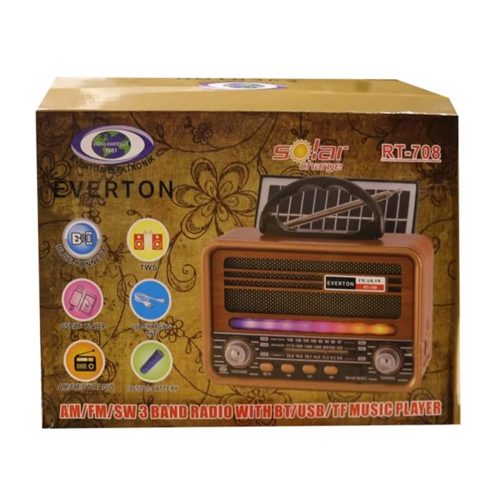 Everton Rt-708 Bluetooth Fm-Usb-Tf-Aux Solarlı Şarjlı Nostaljik Radyo