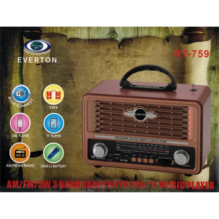 Everton Rt-759  Bluetooth Fm-Usb-Tf-Aux  Şarjlı Nostaljik Radyo