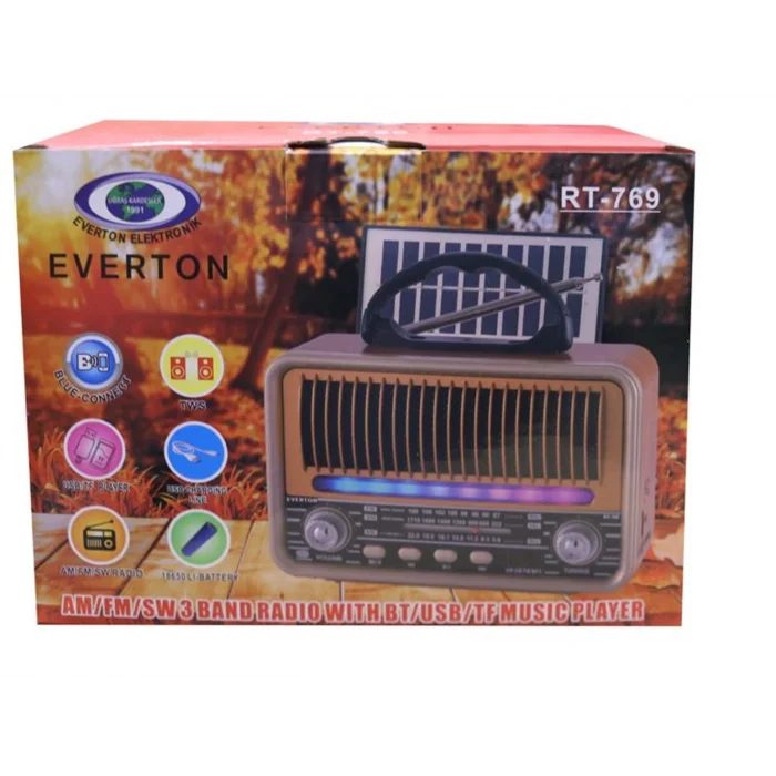 Everton Rt-769  Bluetooth Fm-Usb-Tf-Aux Solarlı,Led Işıklı  Şarjlı Nostaljik Radyo