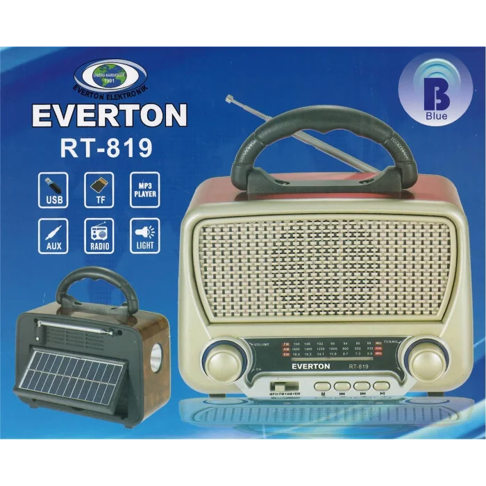Everton Rt-819 (Solar Güneş Panelli) Bluetooth Fm-Usb-Tf Card-AUX Şarjlı Nostaljik Radyo El Feneri