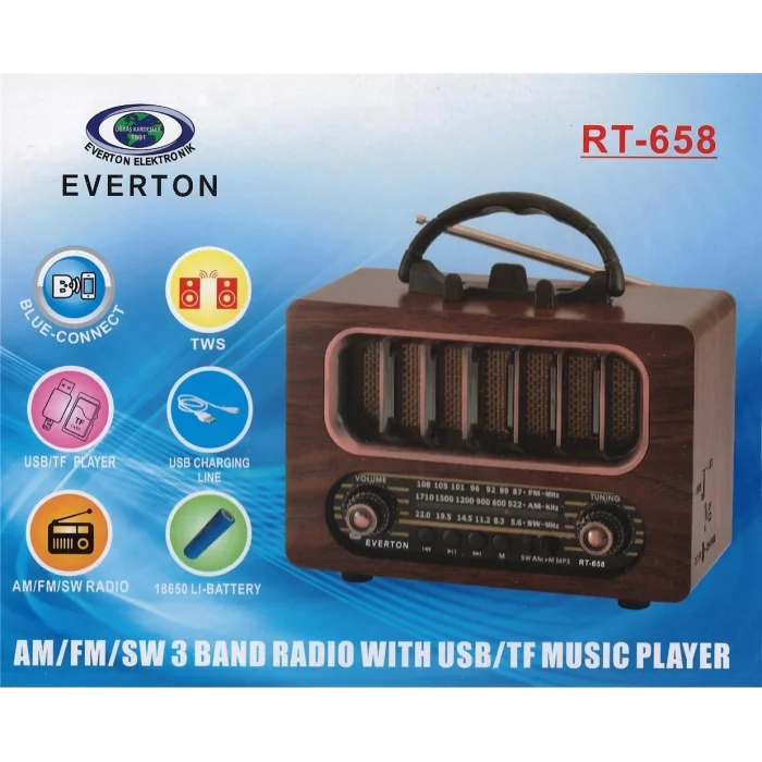 Everton Rt-836  Bluetooth Fm-Usb-Tf-Aux Solarlı Şarjlı Nostaljik Radyo