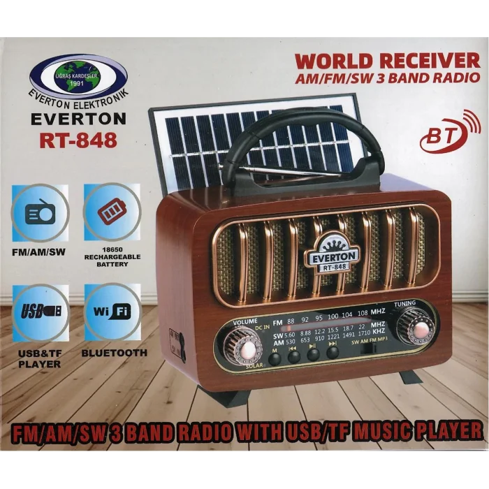 Everton Rt-848 Güneş Enerjili Panelli Bluetooth Fm-usb-Tf Card-Aux Nostaljik Radyo