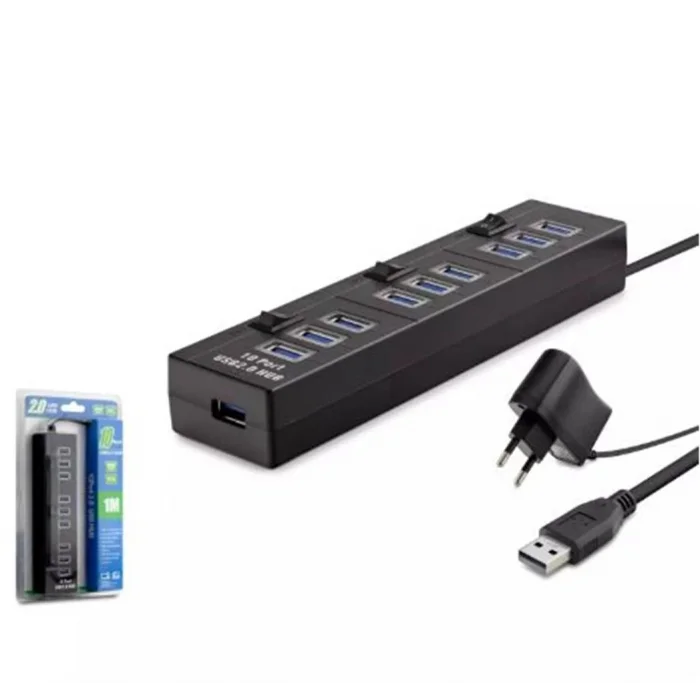 Hadron Hdx7005 Usb Hub 10-Usb 1M Siyah ( Güç Adaptörlü)