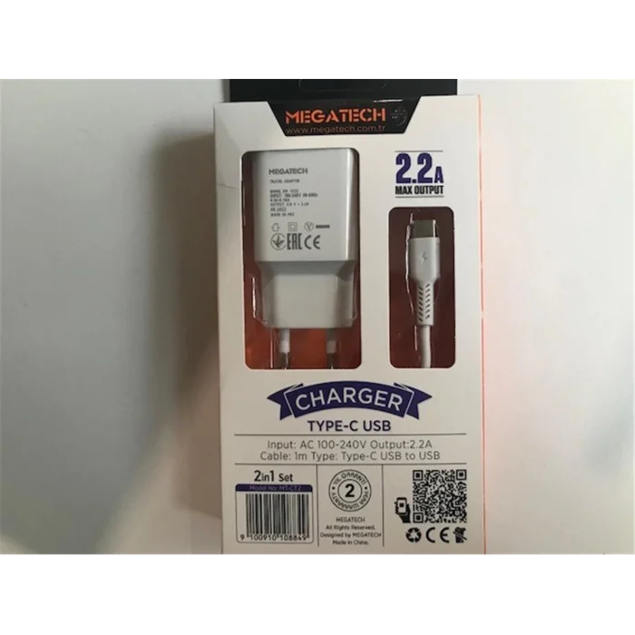 Megatech Mt-CT2 2.2a 2ın1 Typc-e Ev Şarj+Type-c Kablo Hızlı Şarj