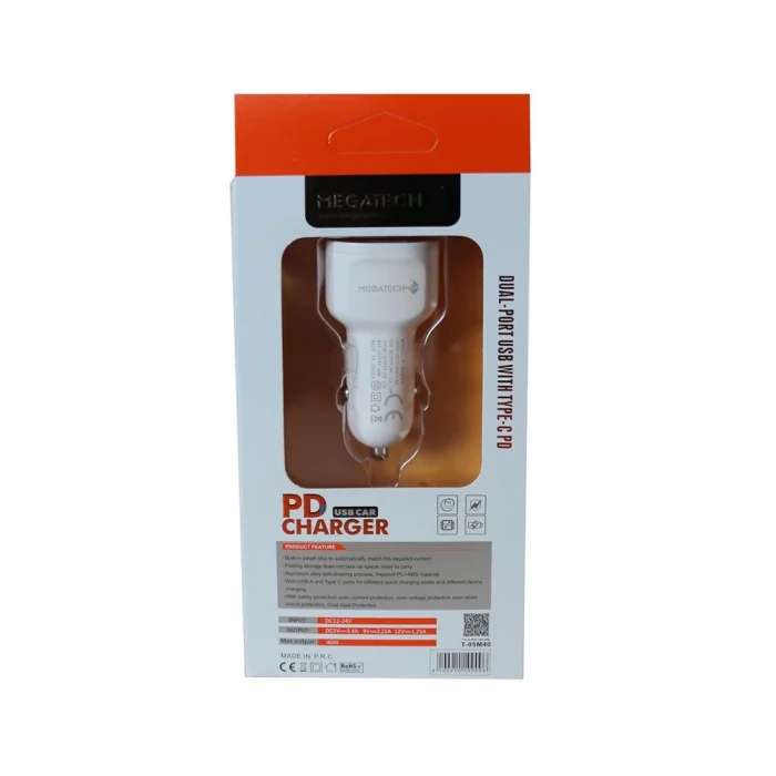 Megatech T-05M40 Beyaz  40W PD-USB Araç Çakmaklık Şarj Başlığı Hızlı Şarj