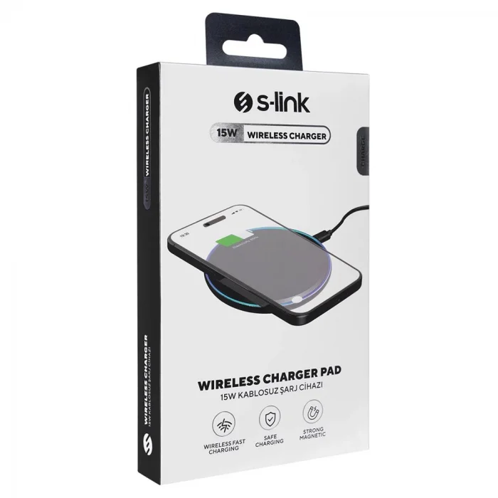 S-link SL-CWF65 Mobil Telefon Uyumlu 15W LED Logo PRM Siyah Kablosuz Şarj Cihazı