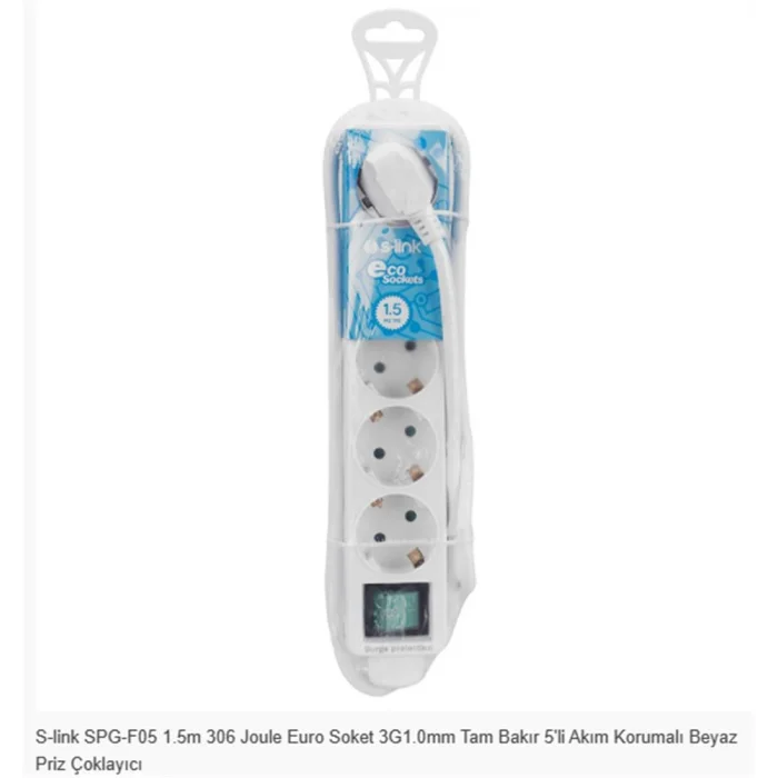S-link SPG-F05 1.5m 306 Joule Euro Soket 3G1.0mm Tam Bakır 5li Akım Korumalı Beyaz Priz Çoklayıcı