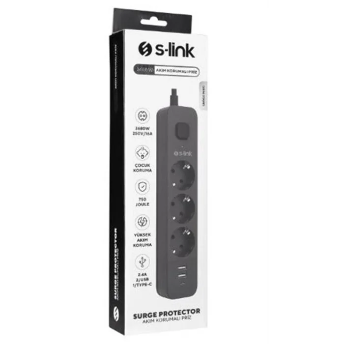 S-link SPG03U 5V2.4A 1.5m 3x1.00mm 100 yüzde Bakır 750 Joule 3 lü Anahtarlı Akım Korumalı Siyah Priz