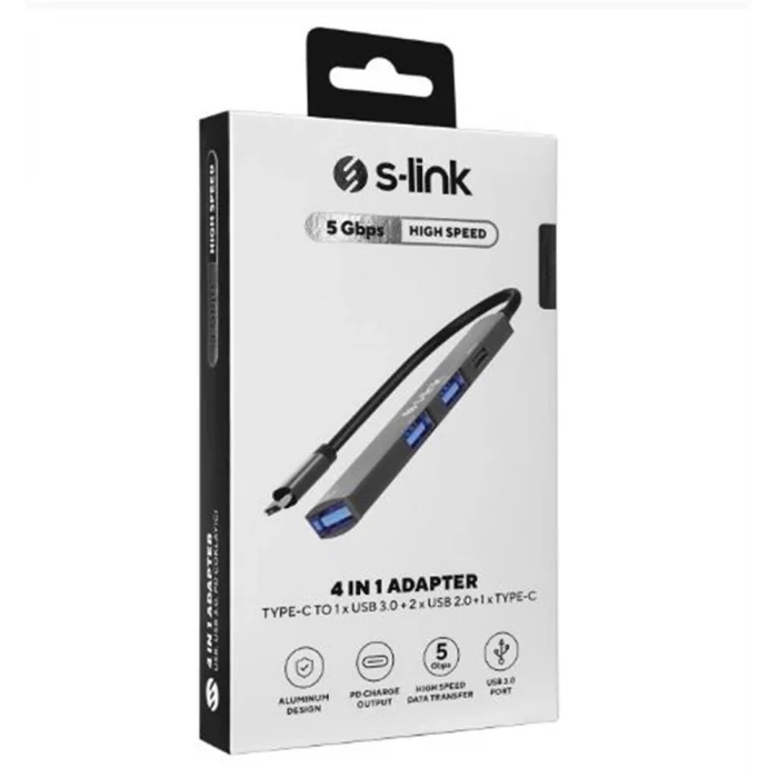 S-link SWV-USBC023 4 in 1 Gri Metal TypeC to 2-USB2.0 USB 3.0, PD Type C Adaptör