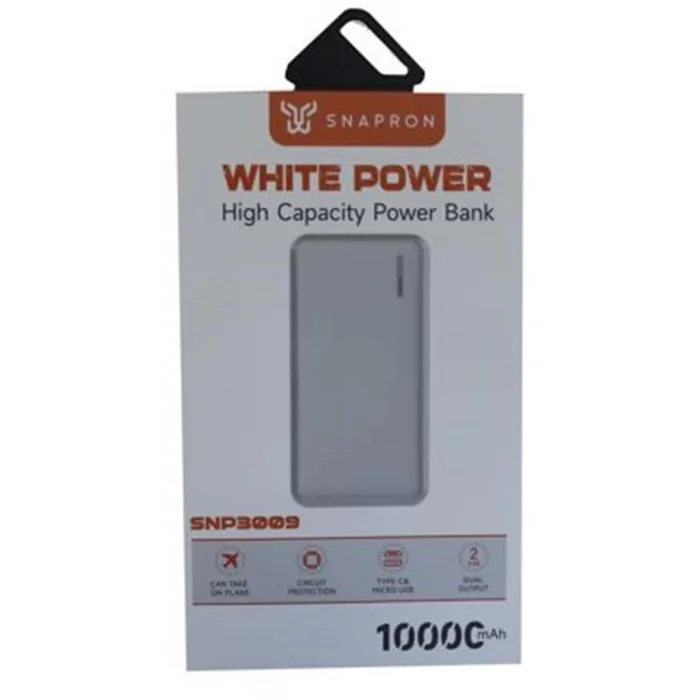 SnapMax SNP-3009 Beyaz 10.000 mah Powerbank 2x USB Çıkışlı 1 Type-C ve 1 Micro Girişli