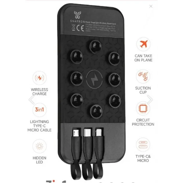 Snapron SNP-3003 10.000 Mah Vantuzlu Wireless Kablosuz ve 3in1 Kablolu Powerbank