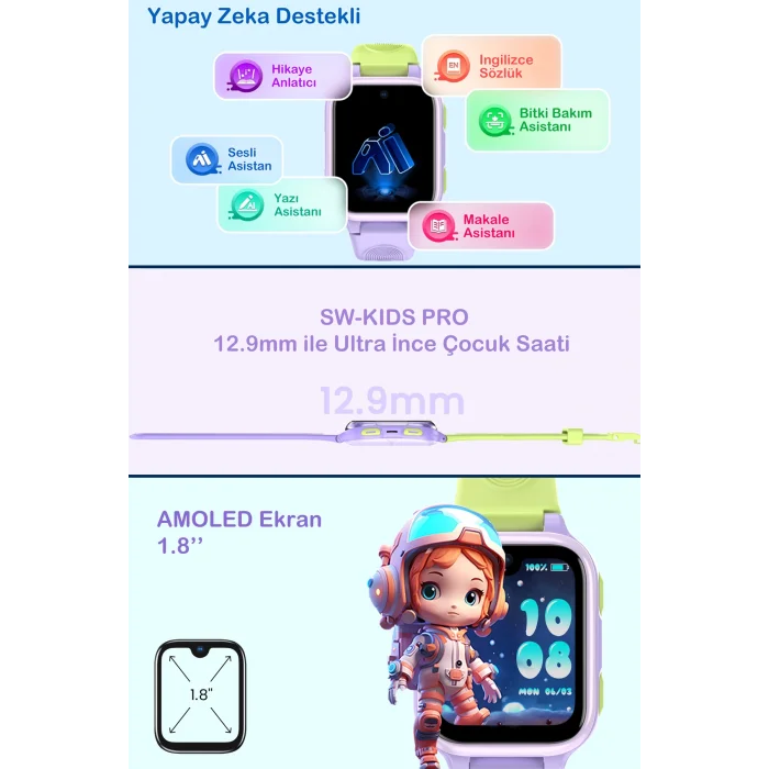SWORD 4G Akıllı Çocuk Saati, İnce Tasarım, Yapay Zeka, AMOLED, IP68, Görüntülü, Sesli, Konum, Pembe SW-KIDS PRO