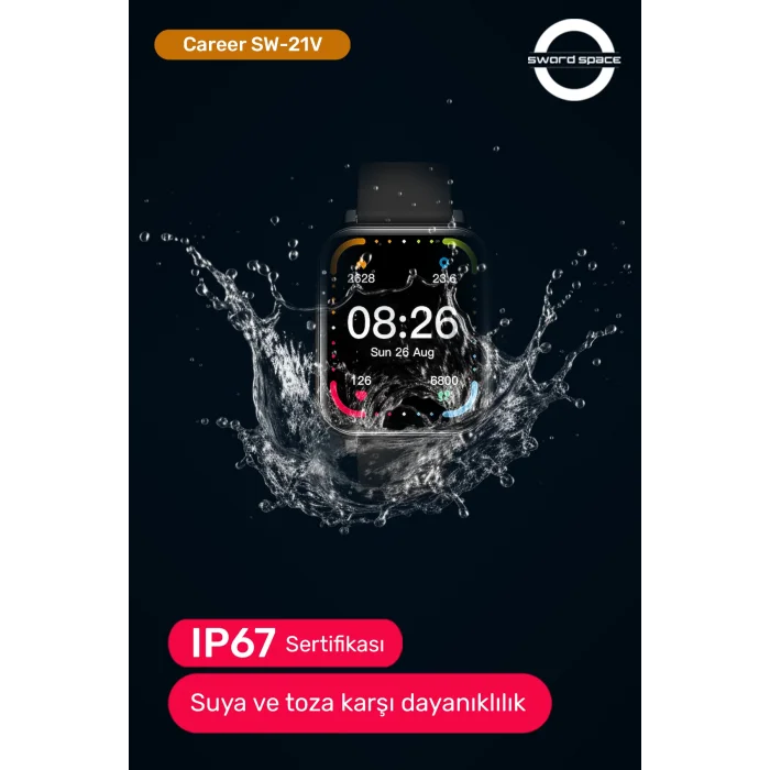 SWORD Career Akıllı Saat Bildirim,Kalp Atış,Uyku Takibi,Spor,Sağlık, iOS&Android Uyumlu 44mm IP67 Uzun Pil Ömrü Türkçe Menü SW-21V