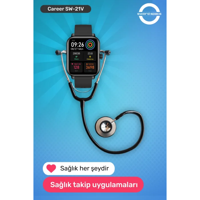 SWORD Career Akıllı Saat Bildirim,Kalp Atış,Uyku Takibi,Spor,Sağlık, iOS&Android Uyumlu 44mm IP67 Uzun Pil Ömrü Türkçe Menü SW-21V