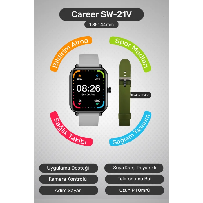 SWORD Career Akıllı Saat Bildirim,Kalp Atış,Uyku Takibi,Spor,Sağlık, iOS&Android Uyumlu 44mm IP67 Uzun Pil Ömrü Türkçe Menü SW-21V