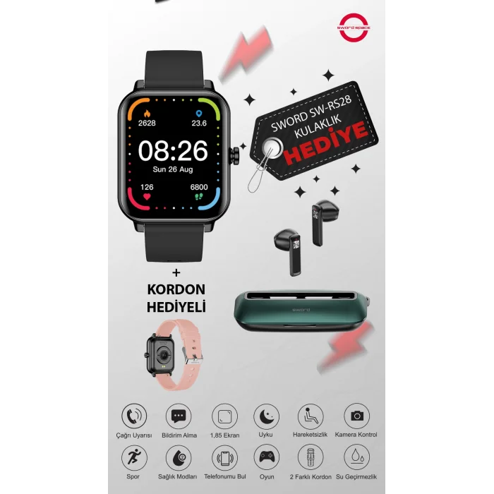 SWORD Career Akıllı Saat Kulaklık Hediye! iOS&Android Uyumlu Bildirim,Uyku Takibi,Spor,Sağlık IP67 SW-21V