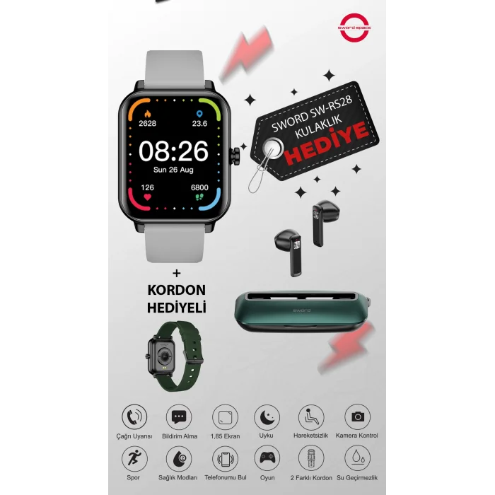 SWORD Career Akıllı Saat Kulaklık Hediye! iOS&Android Uyumlu Bildirim,Uyku Takibi,Spor,Sağlık IP67 SW-21V
