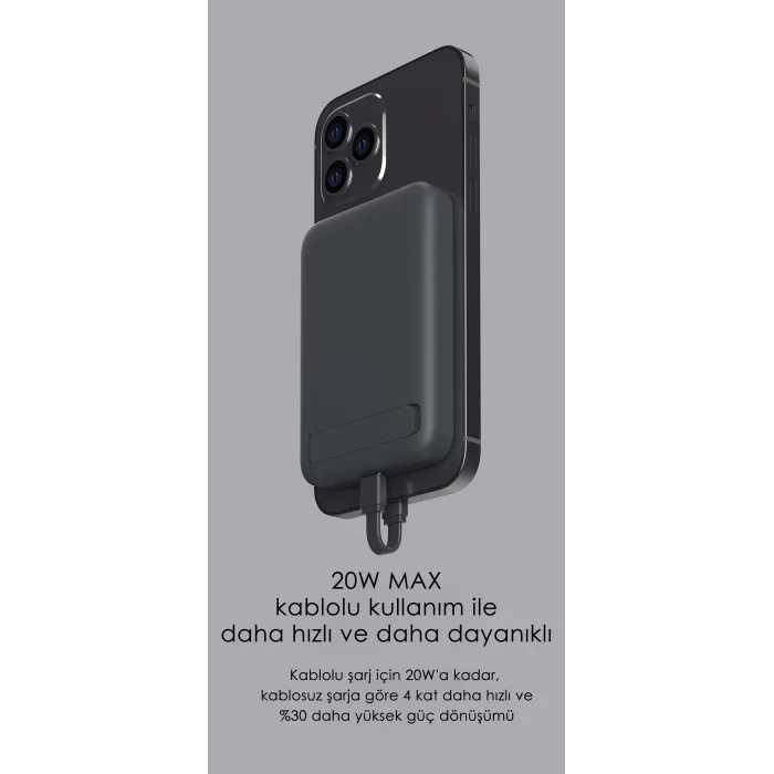 SWORD Magsafe Powerbank 10.000mAh 20W Hızlı Şarj Standlı ve Taşınabilir iPhone ve Android Uyumlu Siyah SW-MGSF10