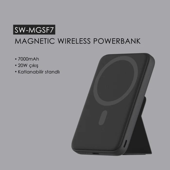 SWORD Magsafe Powerbank 7000mAh 20W Hızlı Şarj Standlı ve Taşınabilir iPhone ve Android Uyumlu Beyaz SW-MGSF7