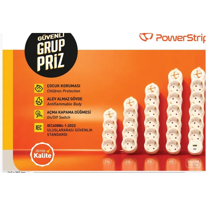 TUNCMATIK POWERSTRIP4 TSK19066  5m IEC 66884-1:2022 Standartı, FR(Alev Almaz)anahtarlı grup priz