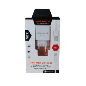Megatech 3.0A Ev 2IN1 Ev Şarj Kafa +Iphone Şarj Kablo Hızlı Şarj