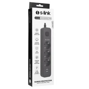 S-link SPG03U 5V2.4A 1.5m 3x1.00mm 100 yüzde Bakır 750 Joule 3 lü Anahtarlı Akım Korumalı Siyah Priz