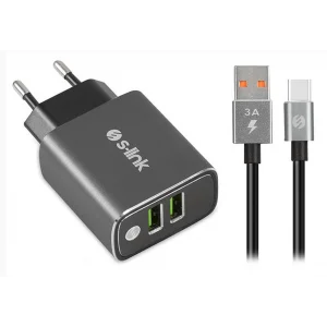 S-link SW-EHT36M 2 USB, 3.1A Metal Ev Sarj Cihazı ve Type-C Data + Sarj Kablosu