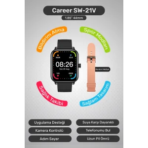 SWORD Career Akıllı Saat Bildirim,Kalp Atış,Uyku Takibi,Spor,Sağlık, iOS&Android Uyumlu 44mm IP67 Uzun Pil Ömrü Türkçe Menü SW-21V