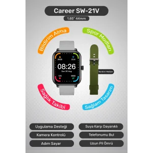 SWORD Career Akıllı Saat Bildirim,Kalp Atış,Uyku Takibi,Spor,Sağlık, iOS&Android Uyumlu 44mm IP67 Uzun Pil Ömrü Türkçe Menü SW-21V