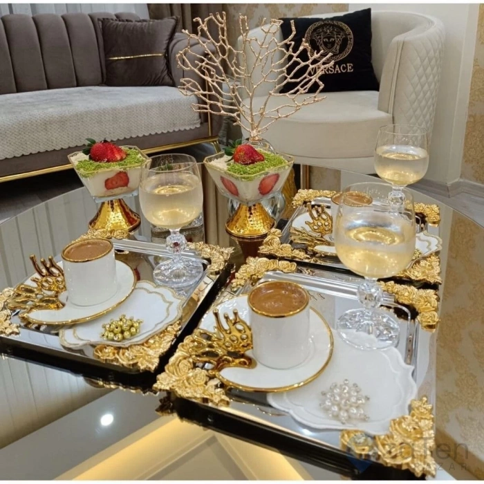 1 Adet Kahve & Çay & Sunum Tepsisi Tekli Metal Döküm Gül Model
