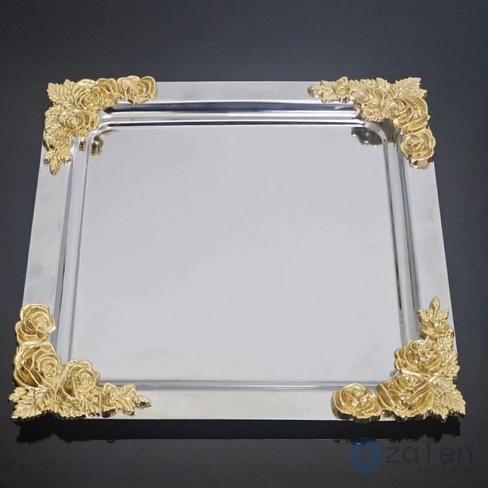 1 Adet Kahve & Çay & Sunum Tepsisi Tekli Metal Döküm Gül Model