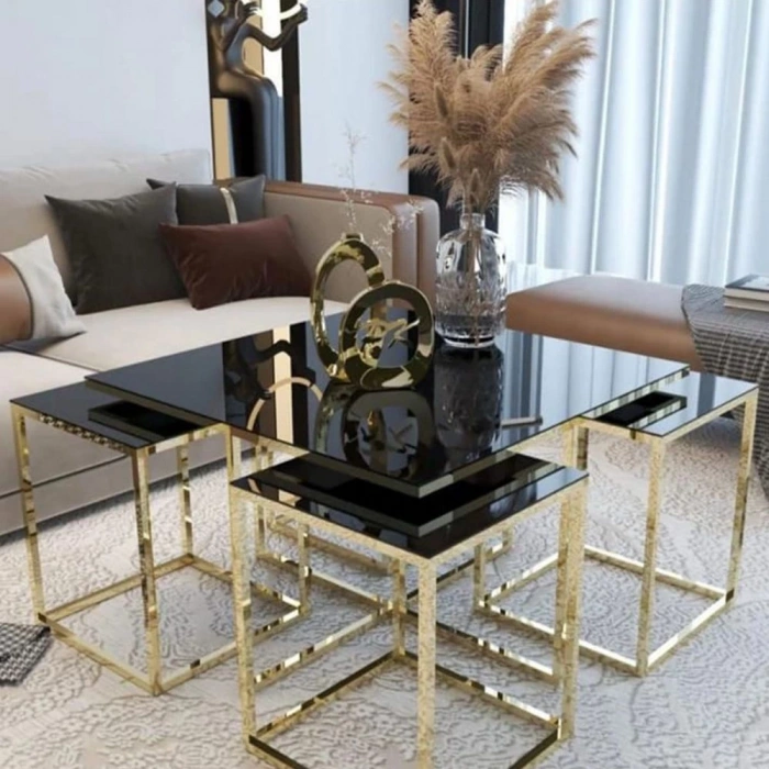 4 1 Gold Kaplama Siyah Cam Kare Pizza Orta Sehpa