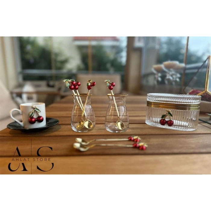 6 Adet Kirazlı Kaşık Kirazlı Çay Kahve Kaşığı Kokteyl Karıştırıcı Tatlı Kaşığı