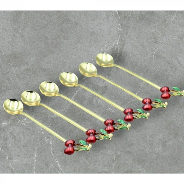 6 Adet Kirazlı Kaşık Kirazlı Çay Kahve Kaşığı Kokteyl Karıştırıcı Tatlı Kaşığı