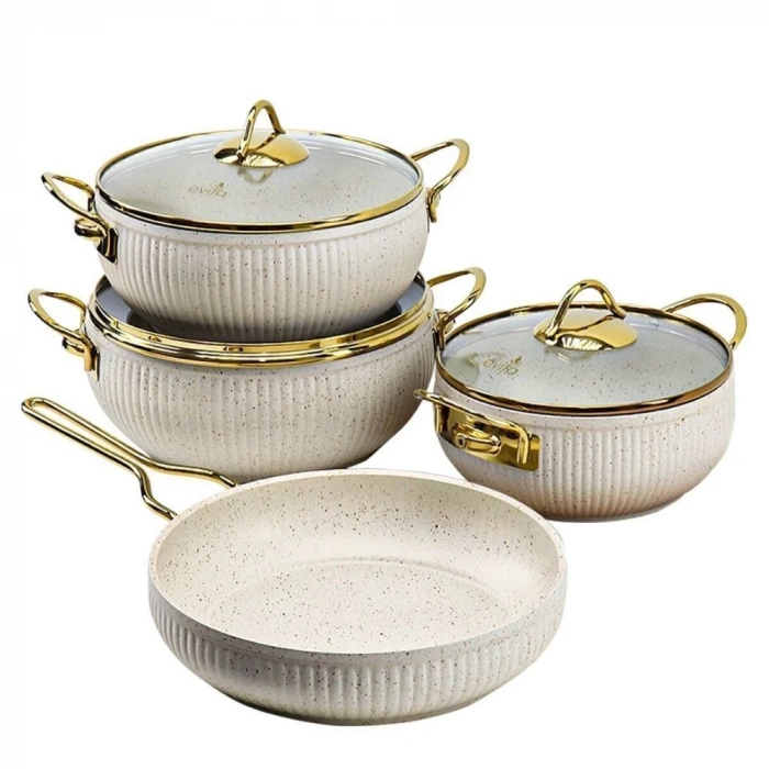 7 Parça Cam Kapaklı Granit Küre Güveç Tencere Seti Fil Dişi