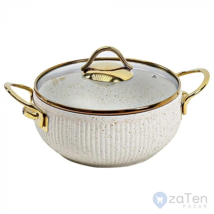 7 Parça Cam Kapaklı Granit Küre Güveç Tencere Seti Fil Dişi