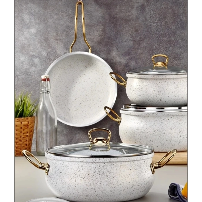7 Parça Gold Demir Kulp Beyaz Granit Tencere Seti