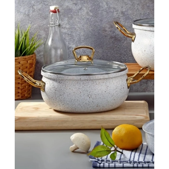 7 Parça Gold Demir Kulp Beyaz Granit Tencere Seti